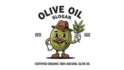 Olive Oil Cartoon Character with Mustache and Leaf Branch for Organic Product