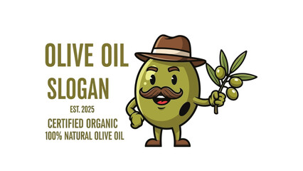 An adorable smiling olive fruit character with a hat and mustache, holding a sprig, designed as a logo for a natural, organic product