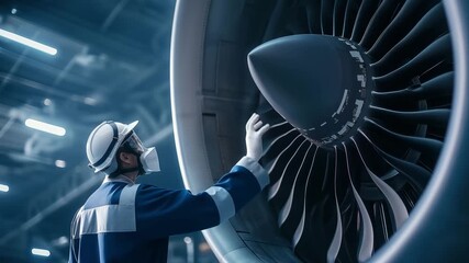 A technician examines an aircraft engine in a well lit hangar focusing on safety measures for maintenance and operation efficiency - Powered by Adobe