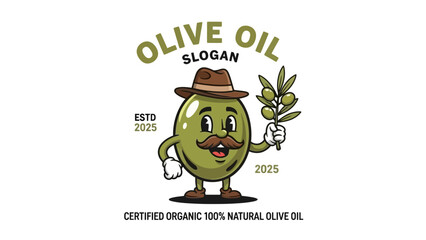 Cartoon Olive Oil Mascot with a Hat and Mustache Holding an Olive Branch, Organic 100% Natural