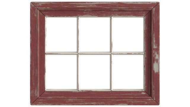 Distressed red sixpane window frame isolated on transparent background