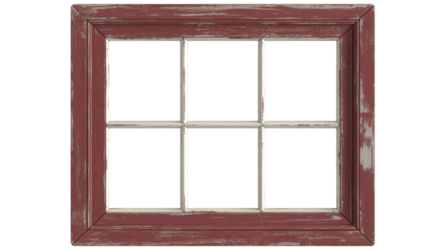 Distressed red sixpane window frame isolated on transparent background