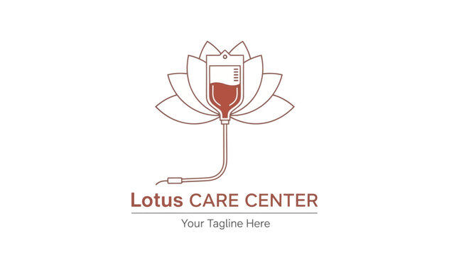 Symbolic logo design for a wellness center, featuring a minimalist lotus flower integrated with an intravenous IV drip bag concept