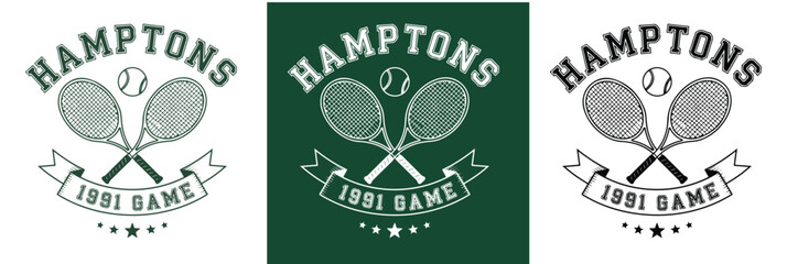 Detailed vector illustration of a Hamptons 1991 game tennis design. Features crossed rackets, a tennis ball, and a classic sports emblem style. Perfect for apparel, posters, or branding.
