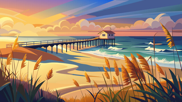 Very beautiful sunlit coastal scene of Myrtle Beach, South Carolina, featuring soft sand dunes, gently swaying dune grass, and a distant pier, captured in a warm, serene atmosphere with cinematic 