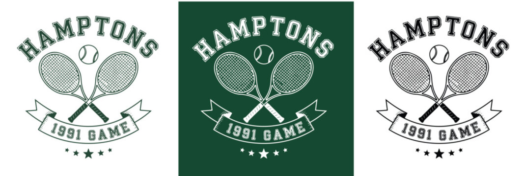 Detailed vector illustration of a Hamptons 1991 game tennis design. Features crossed rackets, a tennis ball, and a classic sports emblem style. Perfect for apparel, posters, or branding.