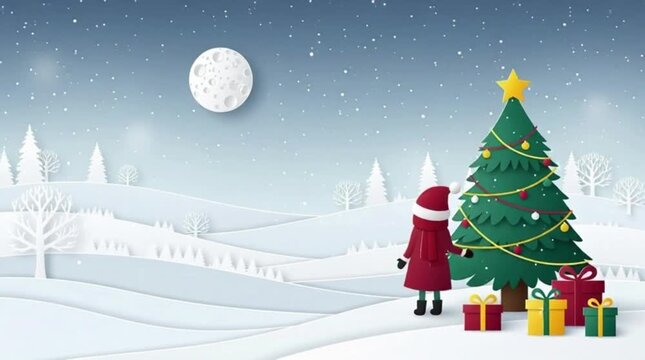 Winter christmas composition in paper cut style.Merry Christmas text Calligraphic Lettering
