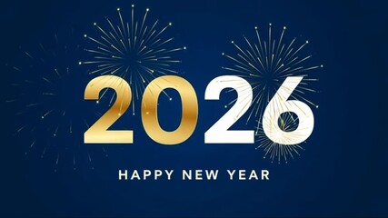 Elegant Happy New Year 2026 Greeting with Gold and White Text on Blue Background