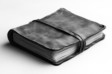 A rustic, dark leather-bound journal, secured with a strap, rests on a white surface, evoking ancient wisdom, untold stories, and historical significance.