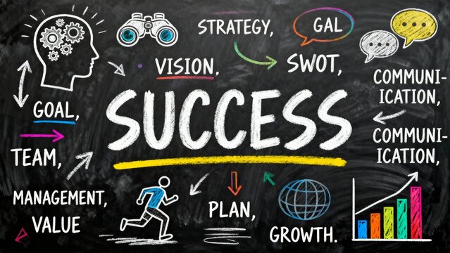 Success concept illustrated on chalkboard with business strategy icons - Powered by Adobe