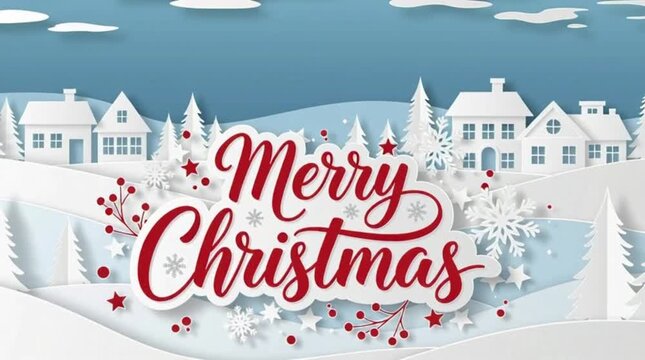 Winter christmas composition in paper cut style.Merry Christmas text Calligraphic Lettering