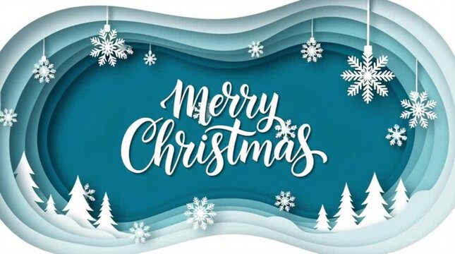 Winter christmas composition in paper cut style.Merry Christmas text Calligraphic Lettering