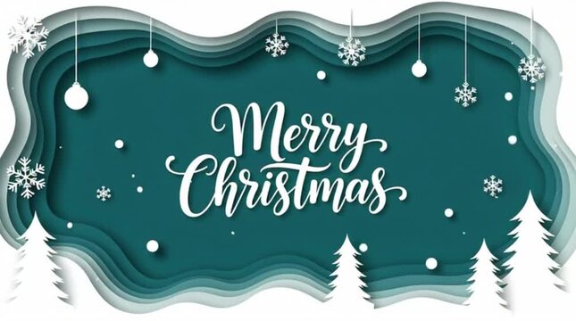 Winter christmas composition in paper cut style.Merry Christmas text Calligraphic Lettering