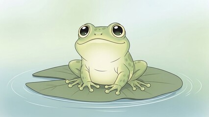Cute Cartoon Frog Sitting Peacefully on a Green Lily Pad in Serene Water