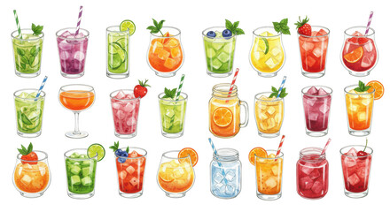 Watercolor illustrations of twenty-two healthy, vibrant smoothies, juices, and elixirs, garnished with fruit slices and mint, arranged in a grid on a white background. Concept for beverage menu design