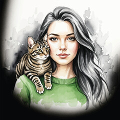 Watercolor painting of a woman with a cat on her shoulder