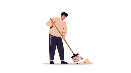 Young man diligently sweeping floor with a broom, engaging in household chores to maintain a clean and tidy living space