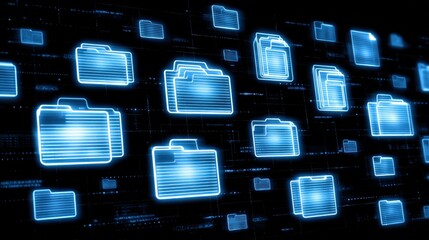 Abstract network grid with files and folders, futuristic software interface, digital document management system, store, search and organize documents, corporate business, paperless office	
