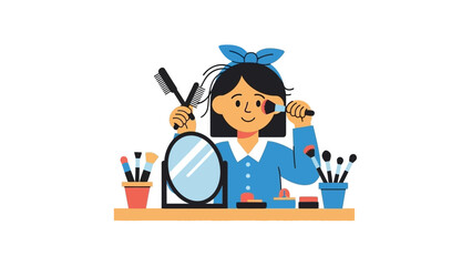 Smiling young woman applies makeup, enjoying her daily beauty routine with cosmetic brushes and a mirror in a delightful illustration
