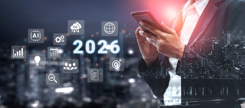 Digital icons, analytics symbols, and glowing number 2026 representing business goals, innovation, and market growth Parse