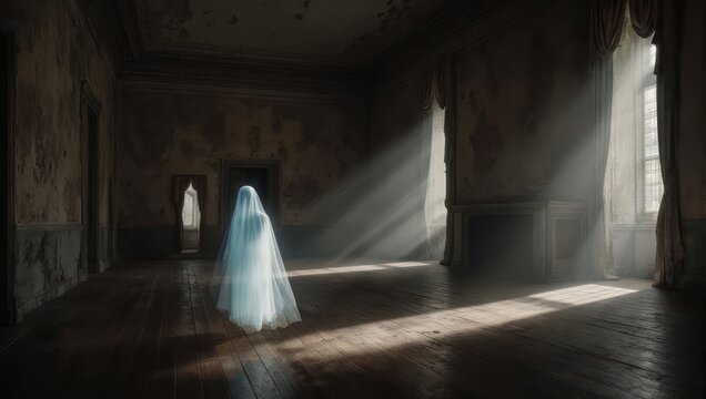 Ethereal Ghostly Figure in Sunlit Abandoned Room.