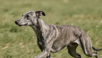 A Brindle Whippet Dog Running in a Grassy Field.