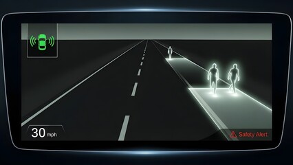 Advanced vehicle sensor interface showing pedestrian detection and safety alert at thirty miles