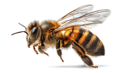 Isolated honeybee showing wings and striped abdomen on white background