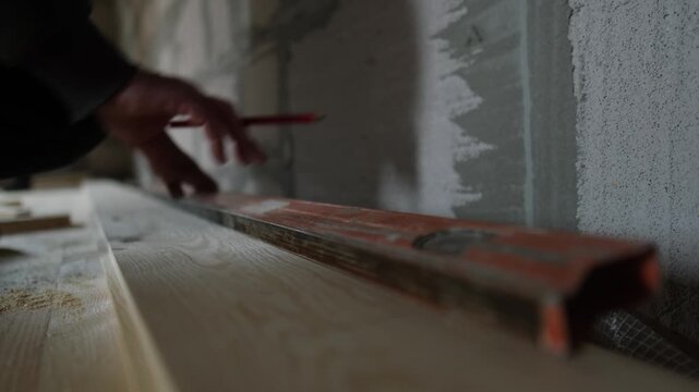 Home renovation marking cut line with level tool during DIY floor installation real budget remodel
