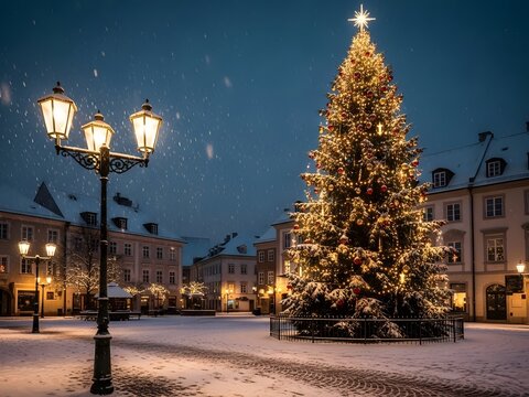 Decorated christmas tree and ornate street lights in snowy town square at dusk