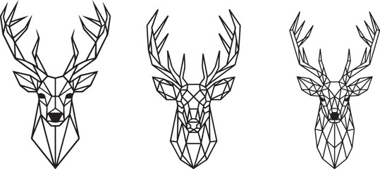 Geometric Deer Head Illustrations, Low Poly Stag Line Art Vector Designs