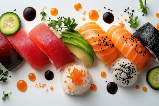 An exquisite array of fresh sushi and sashimi featuring tuna, salmon, avocado, and vibrant garnishes on a white platter.