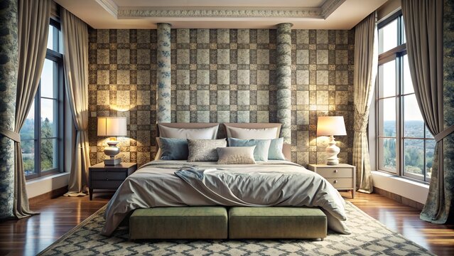 Elegant master bedroom with large windows