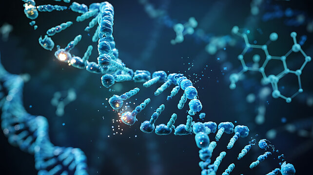 Blue 3D DNA helix art on a black background with a fractal snowflake pattern for a winter holiday design