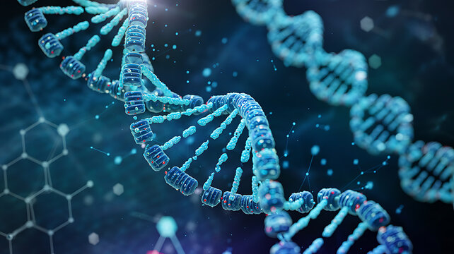 Blue DNA helix fractal pattern illustration with light concept on a black background for science and biology research education backdrop