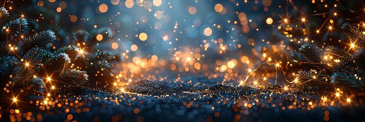 Naklejka premium Sparkling Panoramic Festive Lights on Snowy Pine Branches