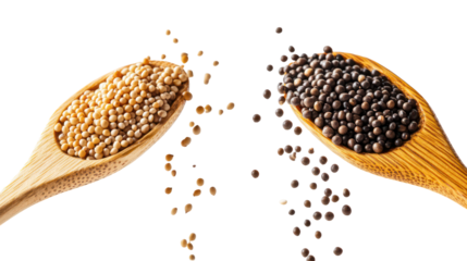 Two piles of basil seeds and mustard seeds falling in the air on transparent background