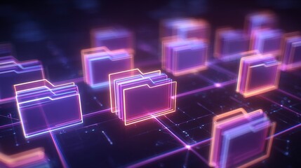 Abstract network grid with files and folders, futuristic software interface, digital document management system, store, search and organize documents, corporate business, paperless office	
