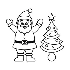 Santa Claus with Christmas Tree Cute Line Art Holiday Illustration Vector