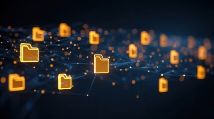 Abstract network grid with files and folders, futuristic software interface, digital document management system, store, search and organize documents, corporate business, paperless office	
