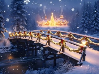Festive bridge with lights and a christmas tree in a snowy winter scene