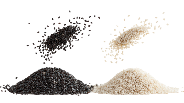 Two piles of black sesame seeds and white sesame seeds falling in the air on transparent background