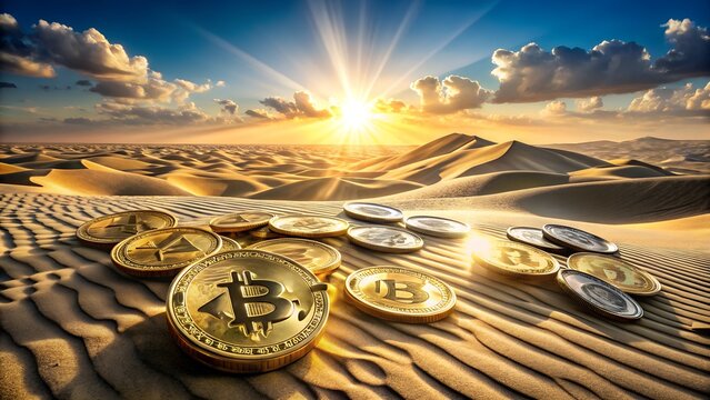 Cryptocurrency coins in desert sunset