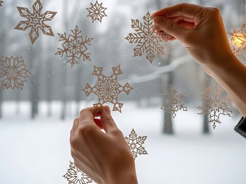 Decorating window with snowflake ornaments during winter season