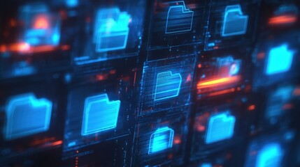 Abstract network grid with files and folders, futuristic software interface, digital document management system, store, search and organize documents, corporate business, paperless office	
