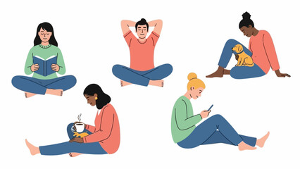 People relaxing and enjoying leisure activities like reading, drinking, and using technology