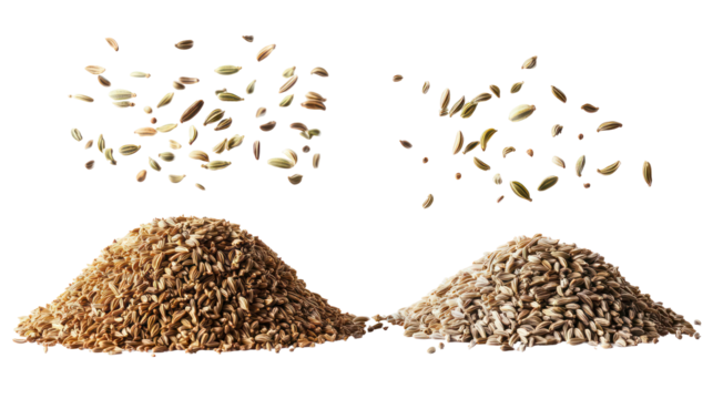 Two piles of grains and seeds flying in the air isolated on transparent background