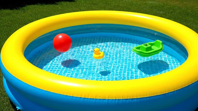 Bright inflatable kiddie pool with yellow trim filled with clear water and playful toys including a rubber duck and a small boat on a sunny day