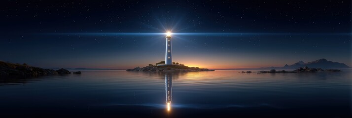 A lighthouse shining brightly on a rocky island at twilight, with stars in the sky and a reflection in the calm ocean