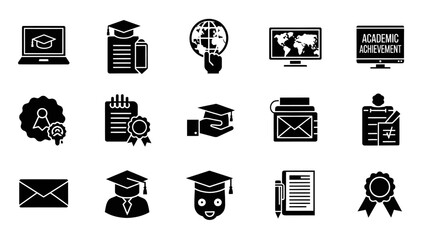 Black and white icons representing online education and academic achievements